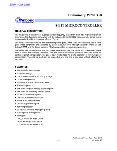 Winbond W78C33B 8-bit Microcontroller Datasheet