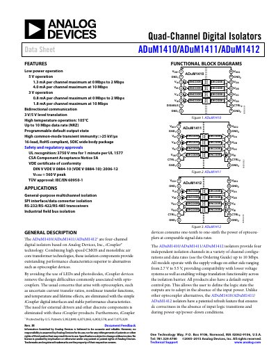 Analog Devices ADuM1410/ADuM1411/ADuM1412 Quad-Channel Digital Isolators Data Sheet