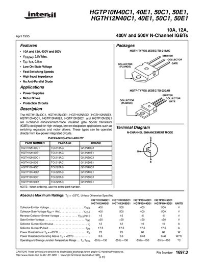 intersil HGTP10N40C1/40E1/50C1/50E1 HGTH12N40C1 40E1 50C1 50E1 handbook - cover page