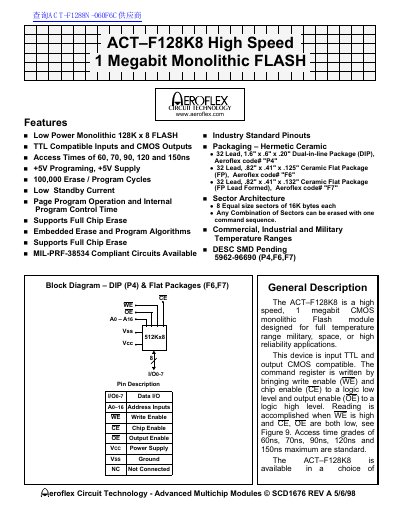Aeroflex ACT-F128K8 1 Megabit Monolithic Flash Module Datasheet - cover page