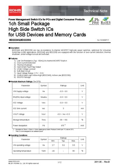 ROHM BD2224G & BD2225G Power Management Switch IC Datasheet - cover page