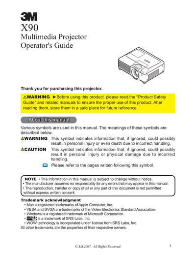 3M X90 Multimedia Projector Operator's Guide - cover page