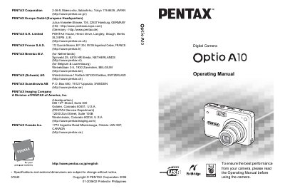 Pentax Optio A10 Digital Camera Operating Manual - cover page
