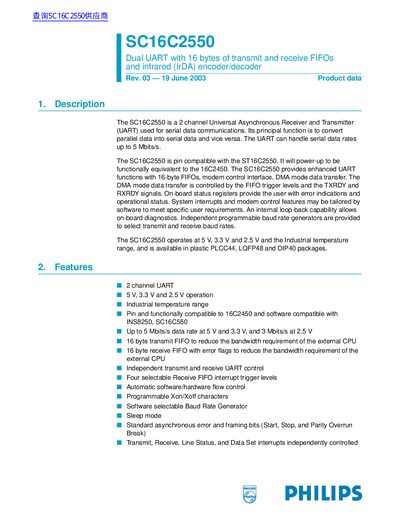 Philips Semiconductors SC16C2550 Datasheet
