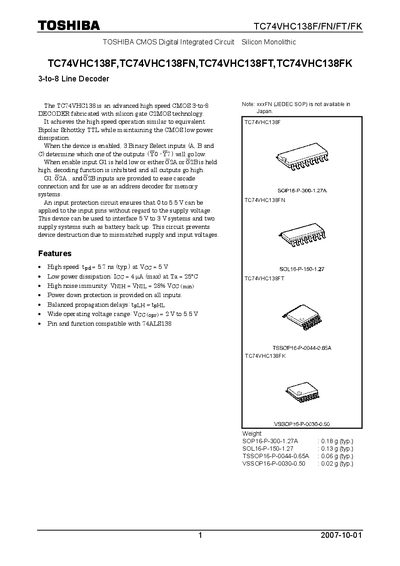 TOSHIBA TC74VHC138F TC74VHC138FN TC74VHC138FT TC74VHC138FK Manual - cover page