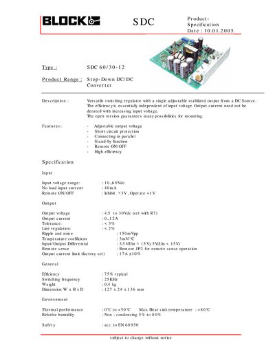 Block SDC 60/30-12 Step-Down DC/DC Converter Specification Handbook - cover page