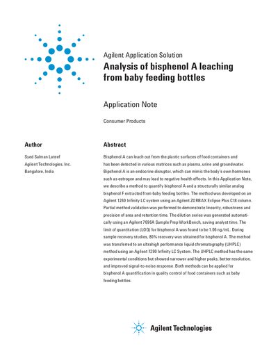 Agilent 1260/1290 LC Analysis of Bisphenol A Leaching from Baby Feeding Bottles Application Note - cover page