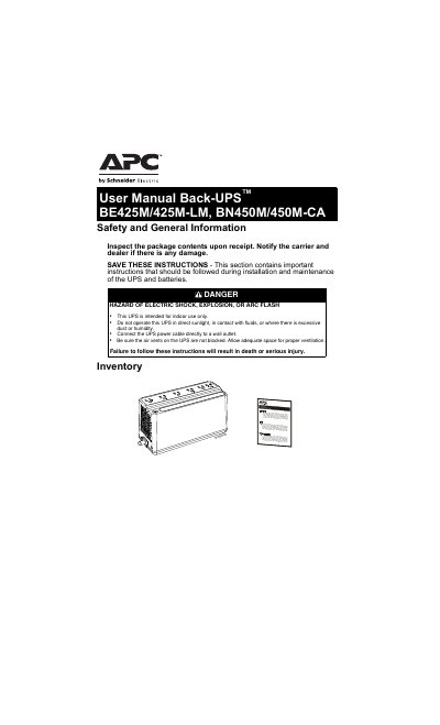 APC BE425M/425M-LM & BN450M/450M-CA Back-UPS User Manual - cover page