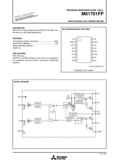 Mitsubishi M81701FP High Voltage Half Bridge Driver Datasheet - cover page