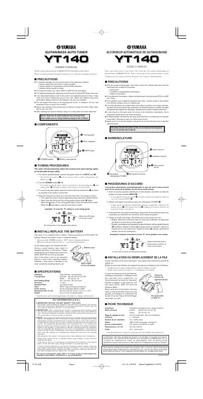 Yamaha YT140 Guitar/Bass Auto Tuner Owner's Manual - cover page