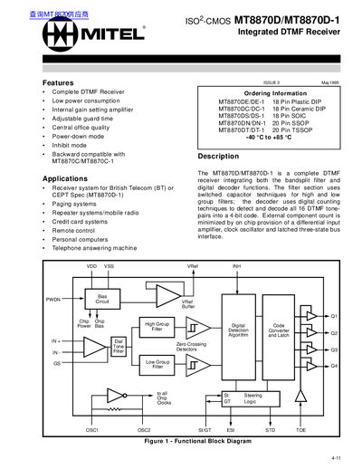 Mitel MT8870D/MT8870D-1 Integrated DTMF Receiver Datasheet - cover page