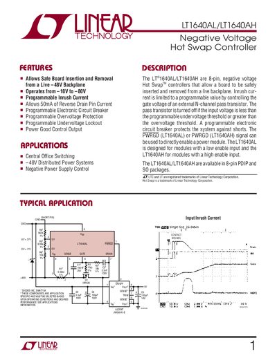 Linear Technology LT1640AL/LT1640AH Negative Voltage Hot Swap Controller Handbook - cover page