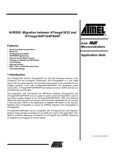 Atmel ATmega16/32 to ATmega164P/324P/644P Migration Application Note - cover page