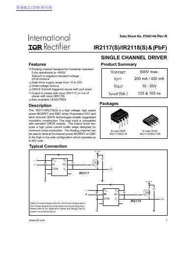 International Rectifier IR2117/IR2118 Single Channel Driver Data Sheet - cover page