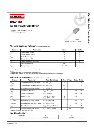 Fairchild Semiconductor KSA1281 Audio Power Amplifier Datasheet - cover page
