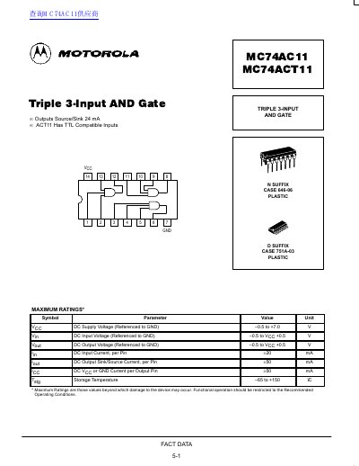 Motorola MC74AC11/MC74ACT11 Triple 3-Input AND Gate Datasheet - cover page