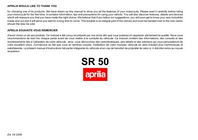 Aprilia SR 50 USA-CDN Owner's Manual - cover page