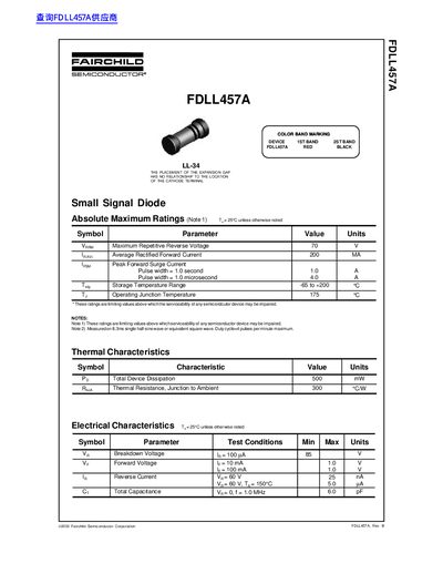 Fairchild FDLL457A Small Signal Diode Datasheet - cover page