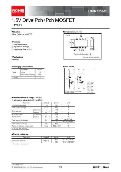 ROHM TT8J21 1.5V Drive Pch+Pch MOSFET Datasheet - cover page