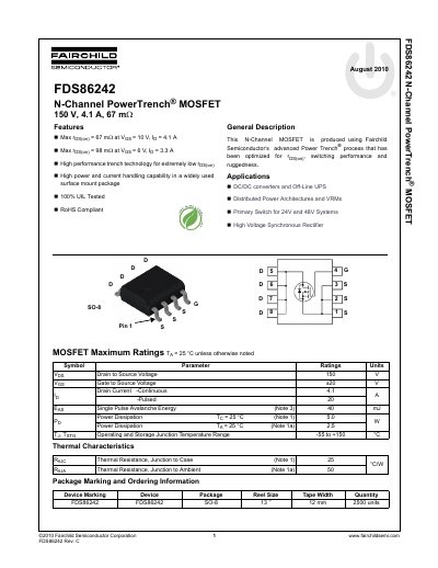 Fairchild Semiconductor FDS86242 N-Channel PowerTrench MOSFET Datasheet - cover page