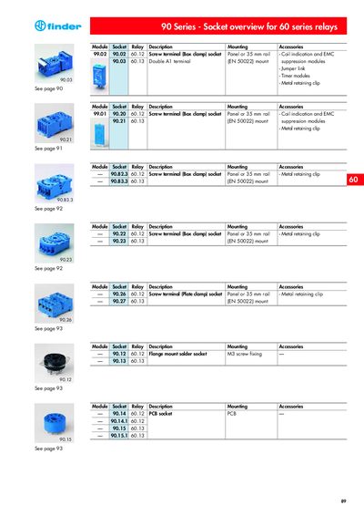 Finder 90 Series Socket Overview for 60 Series Relays - cover page