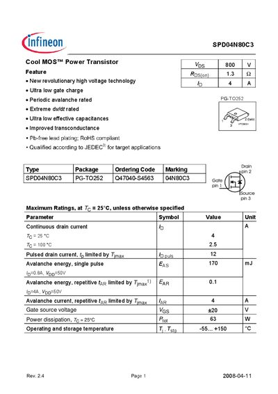 INFINEON SPD04N8C3 Manual - cover page