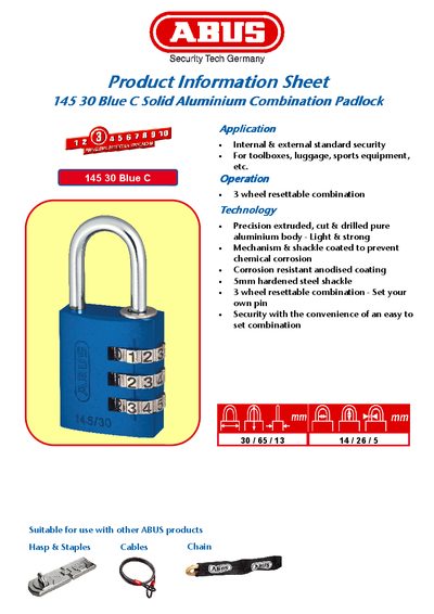 ABUS 145 30 Blue C Combination Padlock Product Information Sheet - cover page