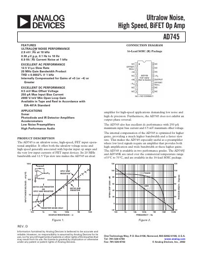 Analog Devices AD745 Ultralow Noise High Speed BiFET Op Amp Datasheet - cover page