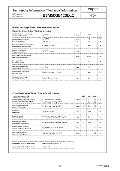 EUPEC BSM50GB120DLC IGBT Module Datasheet - cover page