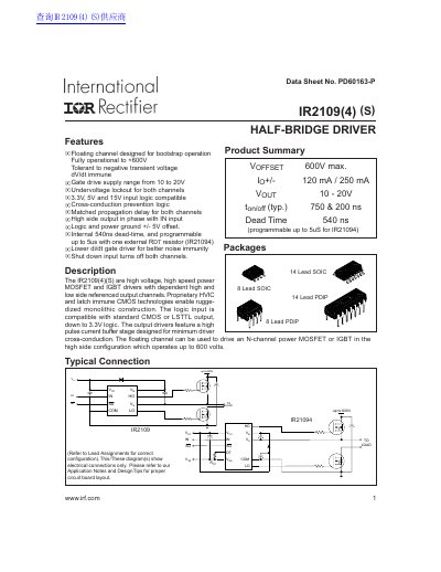 International Rectifier IR2109(4)(S) Half-Bridge Driver Data Sheet - cover page