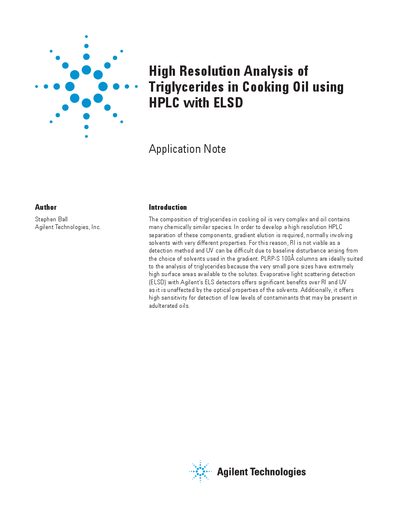 Agilent High Resolution Analysis of Triglycerides in Cooking Oil using HPLC with ELSD Application Note - cover page