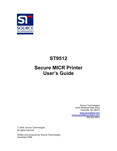 Source Technologies ST9512 Secure MICR Printer User Guide - cover page