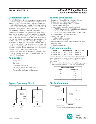 Maxim Integrated MAX811/MAX812 4‑Pin µP Voltage Monitors with Manual Reset Input Datasheet - cover page