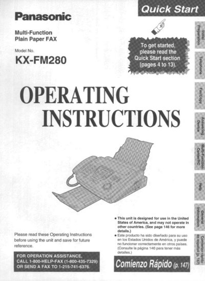 Panasonic KX-FM280 Multi-Function Fax Operating Instructions - cover page