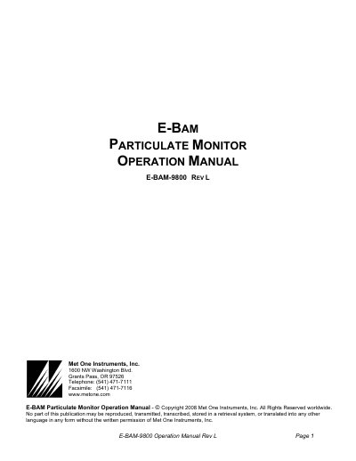 Met One Instruments E-BAM-9800 Particulate Monitor Operation Manual - cover page