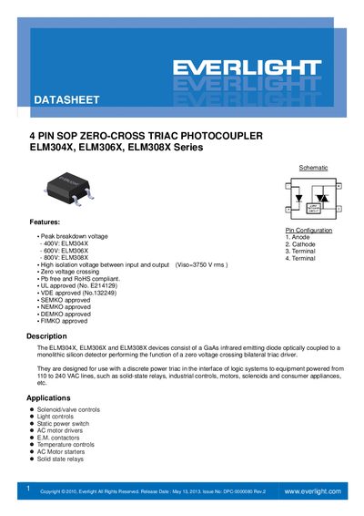 Everlight ELM304X, ELM306X, ELM308X 4‑Pin SOP Zero‑Cross Triac Photocoupler Datasheet - cover page