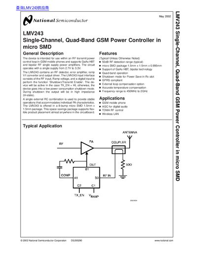 National Semiconductor LMV243 Single-Channel Quad-Band GSM Power Controller Datasheet - cover page