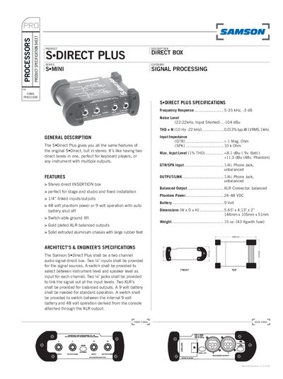 Samson SeDirect Plus Direct Box Specifications - cover page
