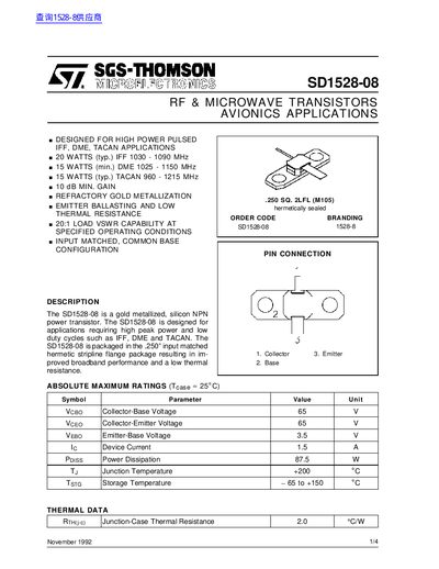 SGS-THOMSON SD1528-08 RF Transistor Datasheet - cover page