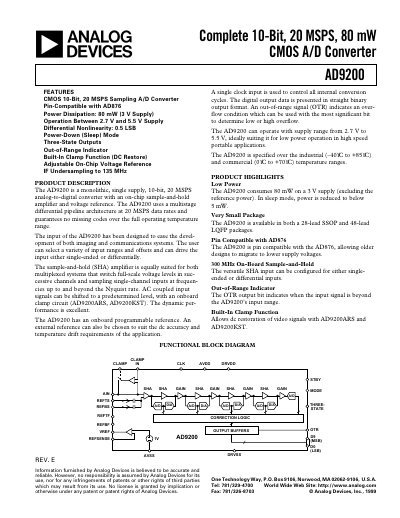 Analog Devices AD9200 10‑Bit 20 MSPS 80 mW CMOS A/D Converter Datasheet - cover page