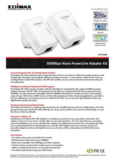 Edimax HP-5102K PowerLine Adapter Kit Quick Start Guide - cover page