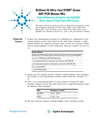 Stratagene Brilliant III Ultra-Fast SYBR Green QRT-PCR Master Mix Quick Reference Guide - cover page