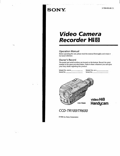 Sony CCD-TR100/TR600 Camcorder Operation Manual - cover page