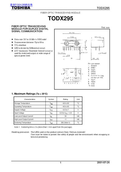 Toshiba TODX295 Fiber Optic Transceiving Module Datasheet - cover page