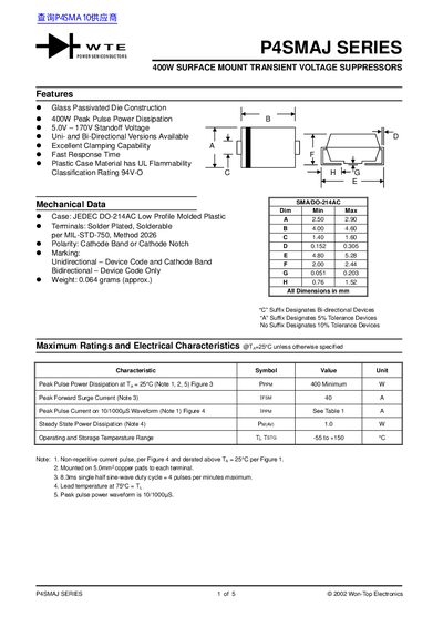 WTE P4SMAJ Series 400W Surface Mount Transient Voltage Suppressor Handbook - cover page