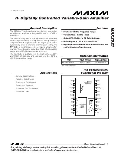 Maxim MAX2027 Variable-Gain Amplifier Datasheet - cover page