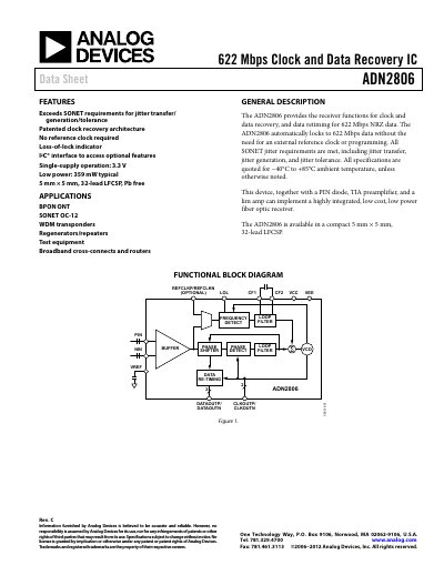 Analog Devices ADN2806 Clock and Data Recovery IC Data Sheet - cover page