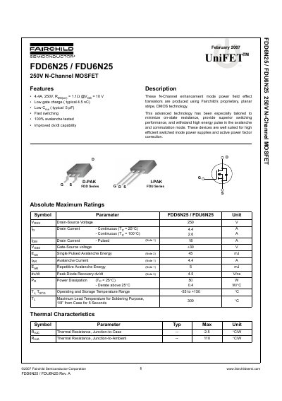 Fairchild Semiconductor FDD6N25/FDU6N25 250V N-Channel MOSFET Datasheet - cover page