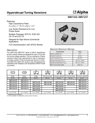 Alpha SMV1232-SMV1237 Hyperabrupt Tuning Varactors Datasheet - cover page