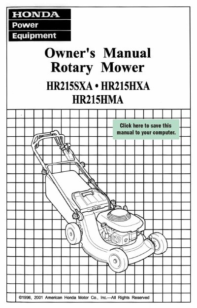 Honda HR215SXA/HR215HXA/HR215HMA Rotary Mower Owner's Manual - cover page